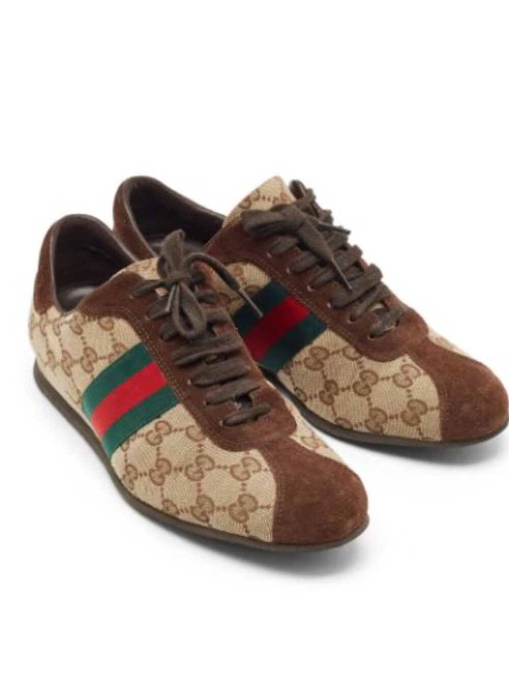 Gucci Shoes Brown/Beige Guccissima Canvas Suede Web Low Top Sneakers Sz 9b - Picture 2 of 6
